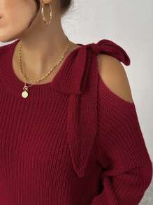 Calvaya Plus Size Solid Color Off Shoulder Bowknot Sweater, Valentine's Day & New Year