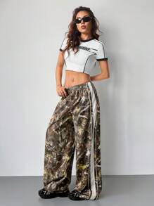 SHEIN EZwear Women's Velvet Back To School Palazzo Drawstring Side Stripes Fashionable Edge Collision And Bow Ties Pants