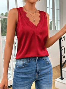 SHEIN Privé 优雅 V 领蕾丝拼布闪亮夏季无袖大码衬衫，适合办公室、日常穿着、旅行和度假 - 酒紅色 - 查看 1