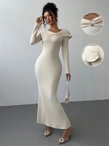 SHEIN Unity Women Solid Color Long Sleeve Pleated Simple Casual Dress Maxi Women Outfit - Apricot - View 3