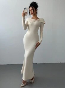 SHEIN Unity Women Solid Color Long Sleeve Pleated Simple Casual Dress Maxi Women Outfit - Apricot - View 4