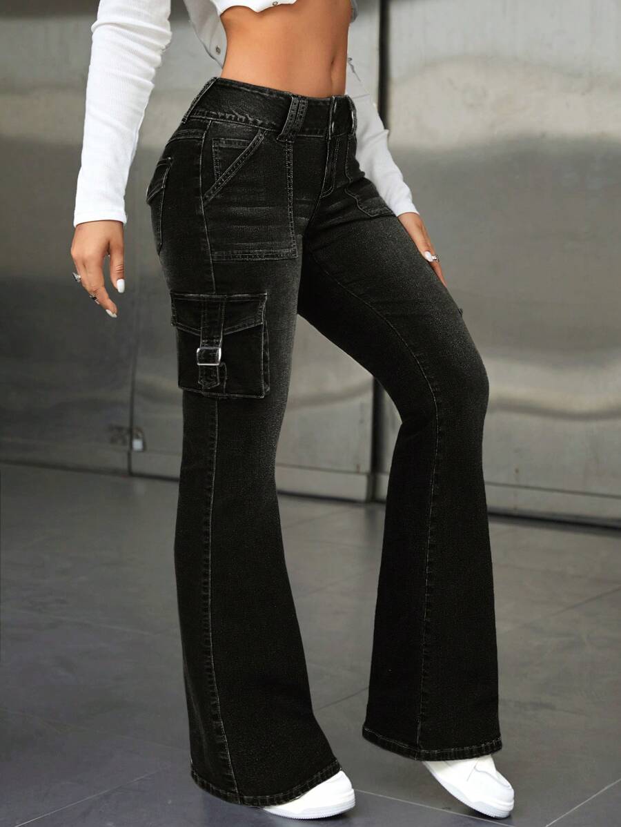 SHEIN ICON Vintage Distressed Slim Fit Flare Leg Jeans - Black - View 1
