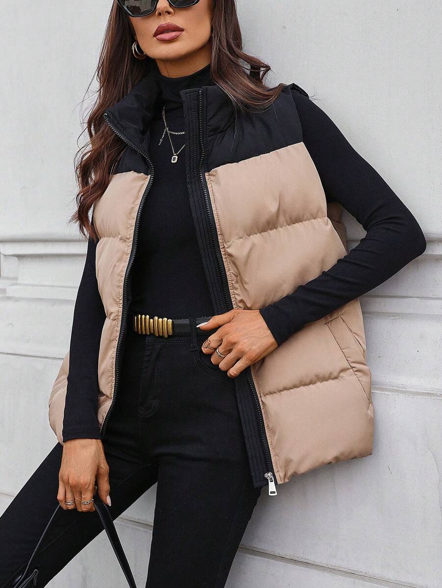Chiquease Casual Contrast Color Patchwork Stand Collar Padded Puffer Vest, Autumn/Winter Clothes - Khaki - View 1