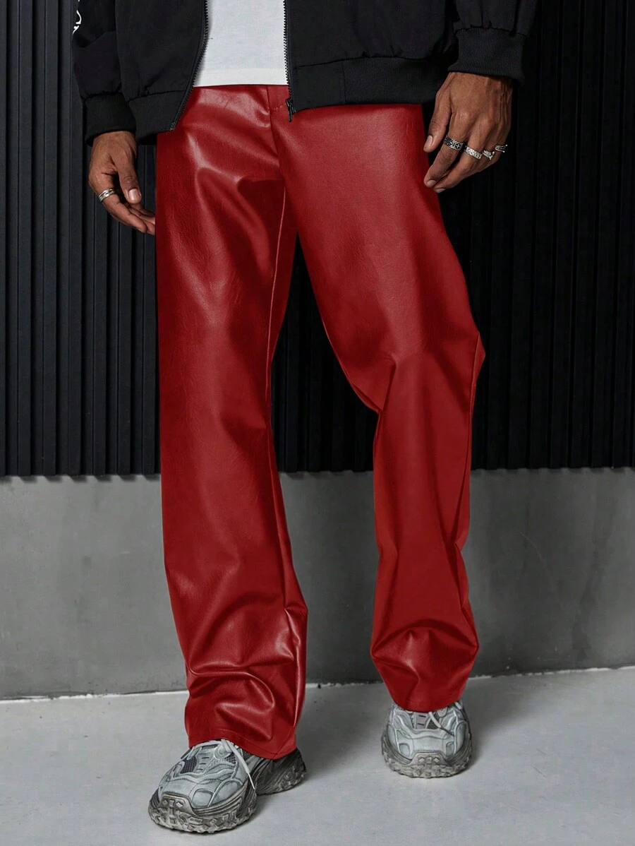PAVTROS Manfinity Streetrush Manfinity Streetrush 美式街头风格 PU 皮革靴型休闲裤，男友礼物，男士裤子，皮裤，男士街头宽松皮裤，黑色裤子，适合秋冬 - 紅色 - 查看 1