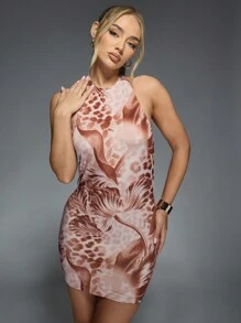 MISSGUIDED 印花紧身挂脖露背迷你连衣裙