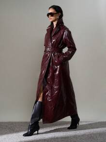 AiiRZ Luxury Patent Leather Quilted Maxi Trench Designer Full Length Fall Winter Statement Double Breasted Belted Fashion Outerwear Evening Long Coat