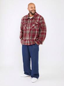 Manfinity VCAY Plus Size Men's Casual Black Checkered Loose Woven Long Sleeve Shirt, For Fall Winter - Red - View 3