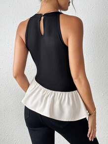 Chiquease 女士优雅休闲无袖撞色拼布不对称下摆褶皱黑色针织背心，秋冬图案 T 恤女上衣