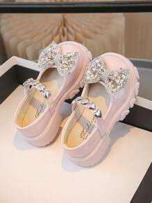 新款春秋季女童皮鞋公主裙鞋幼儿园蕾丝珍珠蝴蝶结幼儿芭蕾平底鞋 - 粉色 - 查看 2