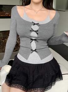 DAZY Damen 2-in-1 Design mit Hohlmuster Figurbetonter Langarm Pullover, Herbstmode für Frauen