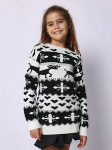 SUMWON Pull tricoté de Noël classique nordique, motif Fair Isle, rennes, flocons de neige, cœurs. Pull-over tricoté chaud et douillet pour l'hiver - Noir et Blanc - Voir 3