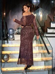 SHEIN Unity 2pcs/Set Plus Size Women Elegant Leopard Print Asymmetric Open Slit Skirt Set Fall Cloth For Women - Coffee Brown - View 2