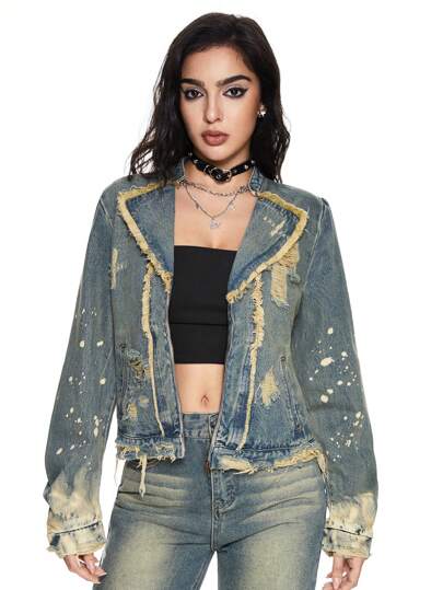 Grunge Punk Chaqueta de mezclilla con desgaste y flecos estilo retro para mujer, de moda para el otoño