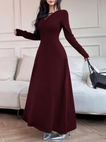 Feyla Women Long Sleeve Midi Sweater Dress, Solid Color, Fitted In Fall/Winter - Burgundy - View 2
