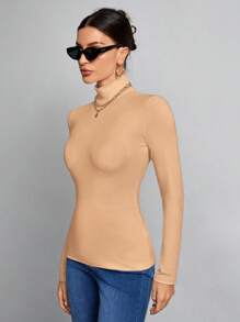 SHEIN Tall 简约纯色修身高领白色上衣适合秋冬季 - 駝色 - 查看 5