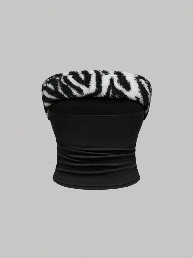 ROMWE J-Fashion Y2K Zebra Print Rhinestone Plush Camisole And