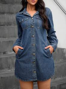 SHEIN Essnce 女式休闲洗水牛仔前扣连衣裙（秋季） - 藍色 - 查看 1