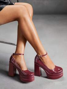 CUCCOO SZL Women's Fashion Wine Red Ankle Strap Platform Chunky High Heel Shoes Spring Shoes Spring Break Easter Prom Heels