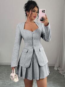 Rafferiza Bộ vest vest nữ cổ chữ V màu hồng ôm sát + chân váy ngắn xếp ly, mùa thu - Đen và trắng - Xem 1