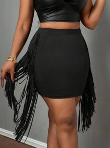 Slaydiva Women's Plain Casual Tassel Design Mini Skirt, Everyday Wear - Black - View 7