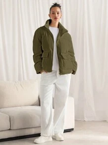 Manfinity VCAY Men's Loose Fit Stand Collar Casual Jacket, Suitable For Daily Wear In Winter - Army Green - View 5