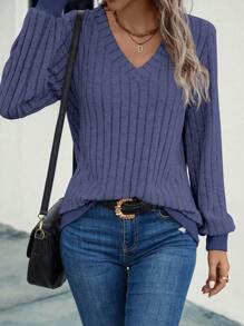 SHEIN LUNE Women's Solid V-Neck Long Sleeve Casual Ribbed Long Hoodie