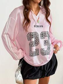 Muchica Áo nỉ cổ chữ V in họa tiết báo Y2K thu/đông cho nữ - Hồng - Xem 6