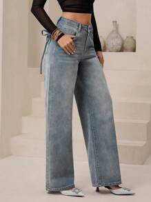 SHEIN Essnce Women's Pocket Design Casual Wide Leg Jeans