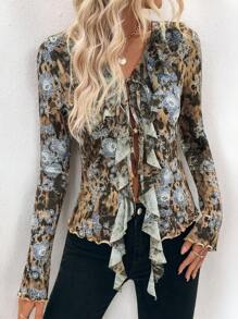 INAWLY Women Sexy Floral & Leopard Print Ruffle Trim Tie Front Long Sleeve Blouse Fall Cloth For Women - Multicolor - View 1
