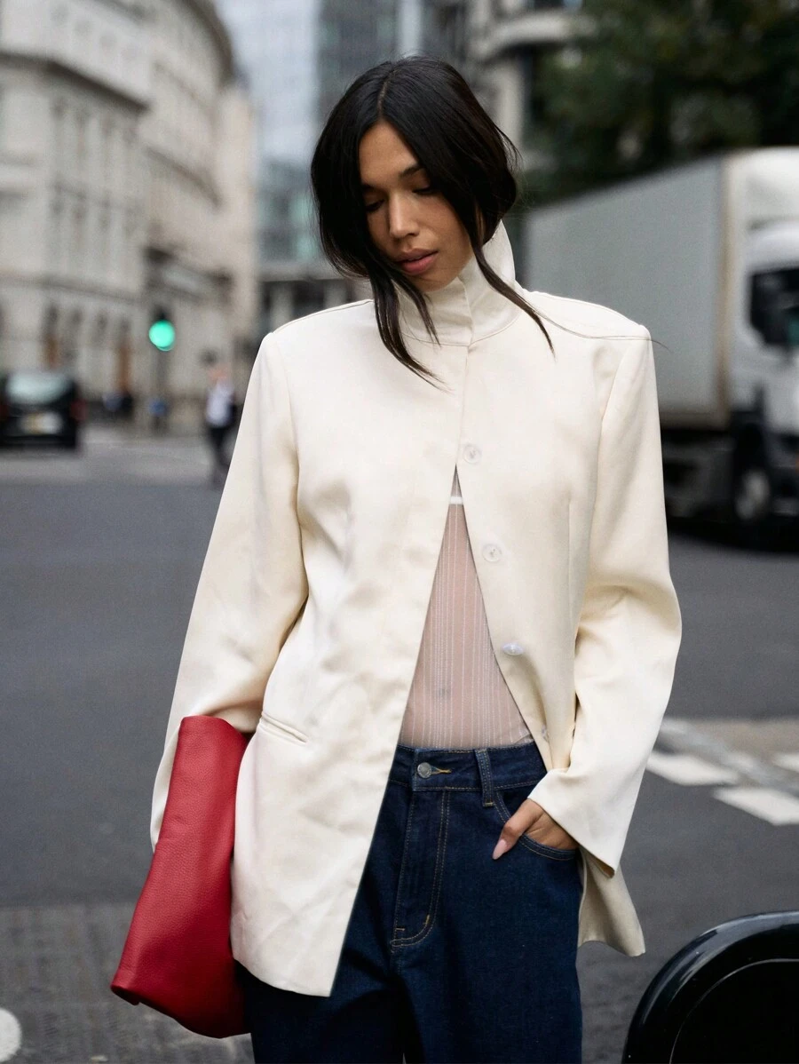 AiiRZ 立领长袖专业商务办公正式挺括长袖经典职业装秋冬外套西装夹克，纽扣闭合 - 黃色 - 查看 1