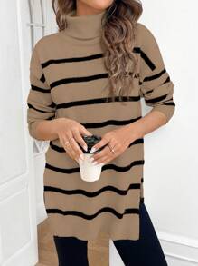 SHEIN Frenchy 休闲拼色条纹高领侧开衩毛衣，秋冬
