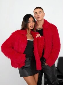 Manfinity Unisex Men's Loose Knit Open Front Casual Fluffy Jacket, Suitable For Autumn And Winter - Red - View 1