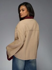 MISSGUIDED Utility Oversized Work Jacket Autumn Winter Cotton Canvas Outerwear With Burgundy Ribbed Collar Cuffs Zip Pockets Casual Street Style - Khaki - View 2