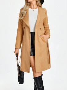 SHEIN LUNE Women's Notched Collar Waist Tie Bow Patch Pocket Casual Commute Elegant Overcoat, Autumn/Winter - Camel - View 3