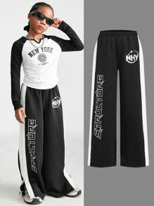 SHEIN سراويل رياضية ذات قدم واسعة للفتيات المراهقات للخريف/الشتاء للأوقات المريحة في المدرسة - أبيض وأسود - مشاهدة 1