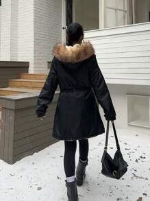 Chiquease Women's Winter Long Sleeve Drawstring Waist Fluffy Collar Hooded Parka, Windproof & Warm Coat