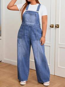SHEIN CURVE+ Plus Size Casual Denim Jumpsuit, Stylish For Daily Wear - Medium Wash - View 3
