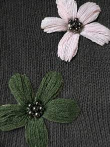 Chiquease Women's Handmade Embroidered Floral Round Neck Dropped Shoulder Long Sleeve Loose Sweater - Black - View 3