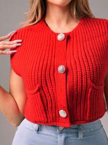 Zolique Cardigan Pendek Kasual Tanpa Lengan dengan Bukaan Depan untuk Wanita, Warna Polos, Pakaian Musim Gugur untuk Tahun Baru - Merah - View 5