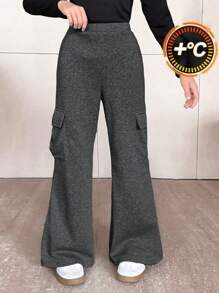 SHEIN Leap Crew Tween Girls Fitted Casual Comfort Mid-Rise Soft Flared Leg Pants - Grey - View 1