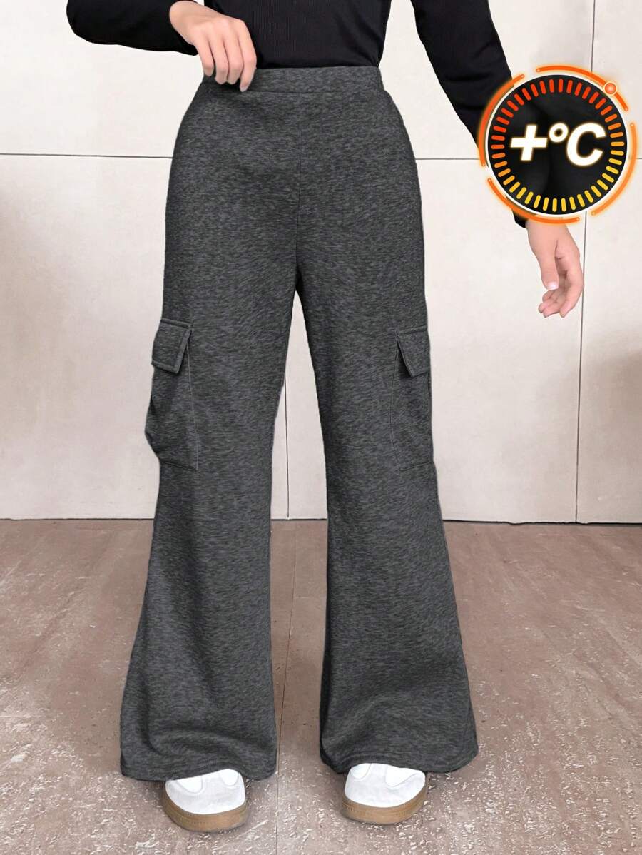 SHEIN Leap Crew Tween Girls Fitted Casual Comfort Mid-Rise Soft Flared Leg Pants - Grey - View 1