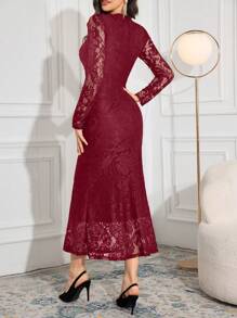 Modelyn Women's Lace Patchwork Long Sleeve Button Front Casual Dress Long Evening Dresses