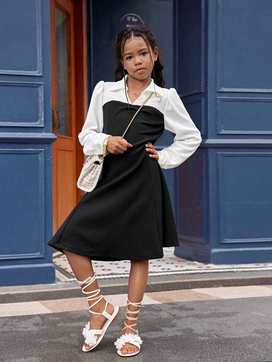 SHEIN Explorewe Tween Girl Elegant Black And White Dress,Chic Versatile Silhouette For School,Back-To-School,Autumn,Skin-Friendly Fitted Fashion Dress For Outings - Black and White - View 1