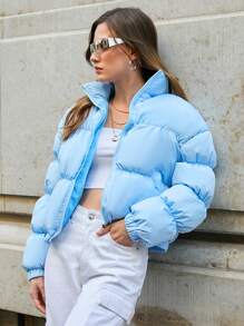 RueChic Lightweight, Back Embroidery Detailed, Stylish, Padded Puffer Winter Coat - Blue - View 5