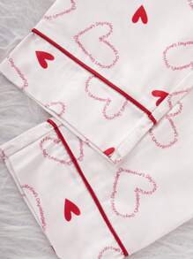 2 piezas Conjunto de pijama elegante con estampado de letras y corazones de satén suave y cómodo para niña preadolescente, pantalón largo y manga larga