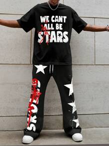 Manfinity EMRG Bộ quần dài và áo thun cổ tròn tay ngắn in chữ cho nam, thường ngày - màu đen - Xem 2