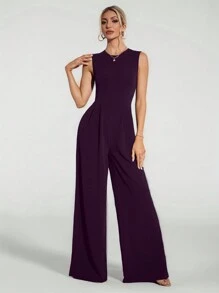 SHEIN Tall 休闲优雅无袖阔腿黑色连体裤 - 紫色 - 查看 3