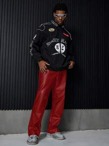 PAVTROS Manfinity Streetrush Manfinity Streetrush 美式街头风格 PU 皮革靴型休闲裤，男友礼物，男士裤子，皮裤，男士街头宽松皮裤，黑色裤子，适合秋冬 - 紅色 - 查看 3