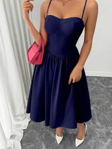 Rafferiza Vestido acampanado con espalda descubierta, versátil y de moda, apropiado para citas, fiestas, otoño/invierno - Azul Marino - Ver 4