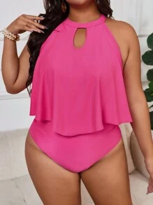 SHEIN Maiô de Uma Peça Plus Size de Cor Sólida com Decote Halter, Babado Único, Costas Vazadas e Elegante para Férias de Verão - Pink - Visão 3
